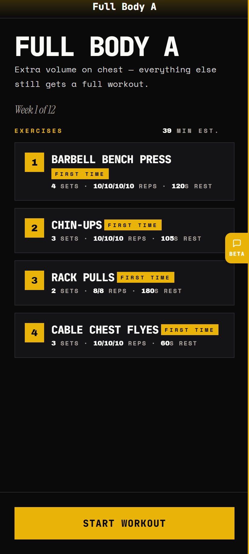 GainBlocks muscle building app — session overview with every exercise, sets, reps and rest planned for you